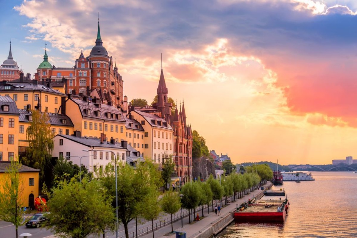 Picture of Stockholm Sweden Scenic summer sunset view with colorful sky of the Old Town architecture in Sodermalm district