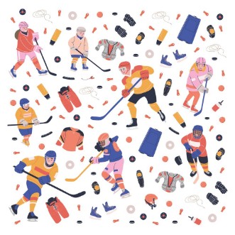 Afbeeldingen van Square concept illustration with young ice hockey players equipment and accessories Flat vector art for your project