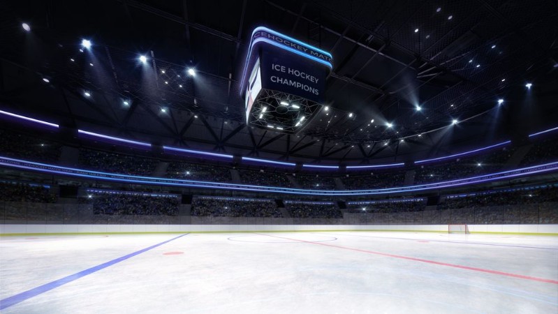 Afbeeldingen van Empty ice hockey arena indoor playground view illuminated by spotlights hockey and skating stadium indoor 3D render illustration background my own design