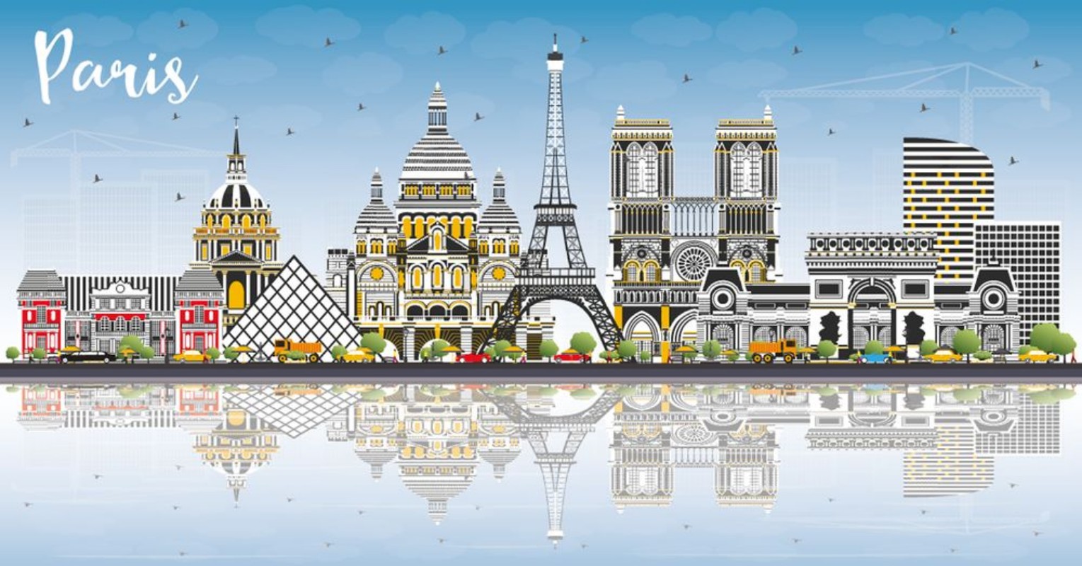 Bild på Paris France City Skyline with Color Buildings Blue Sky and Reflections