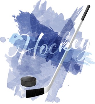 Afbeeldingen van Abstract blue watercolor splashes with ice hockey equipment