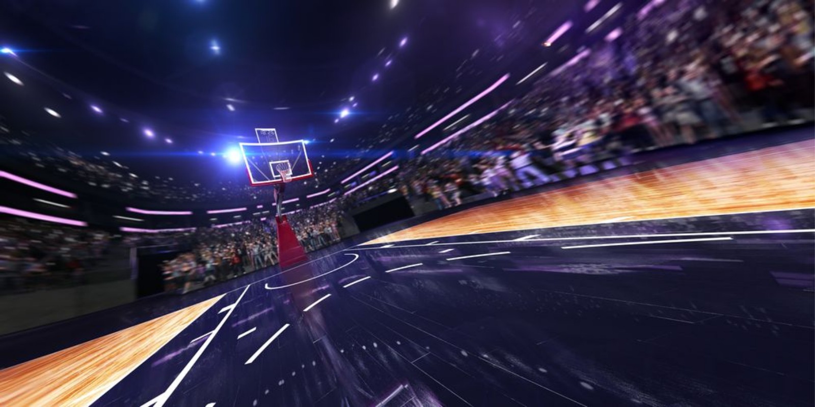 Afbeeldingen van Basketball court wide view all cort in a little motion blur blue toning