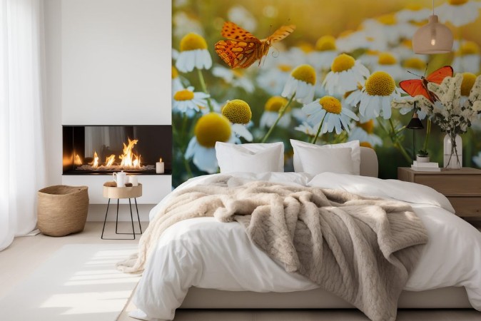 Picture of Different beautiful butterflies fluttering and sitting on a bright meadow on a gentle Bellamy flowers daisies on a Sunny summer day