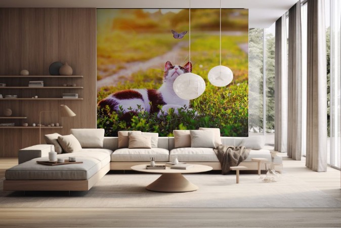 Image de Portrait of a cute striped cat lying in the grass in a Sunny meadow and looking at a beautiful little blue butterfly flying overhead on a clear summer day in the village