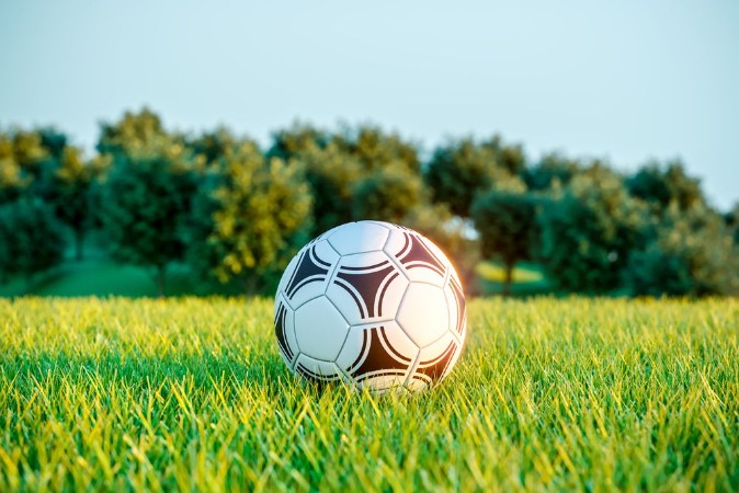 Afbeeldingen van Soccer ball on field grass Outdoor games 3d