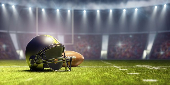 Afbeeldingen van American football background with ball and black helmet 3D Rendering