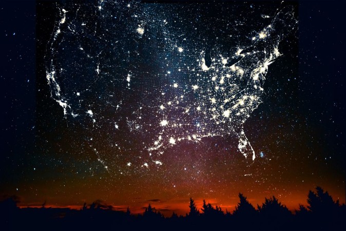 Picture of Forest sunset landscape with projection of USA map in the form of stars of the constellations of city lights Travel United States of America concept Elements of this image furnished by NASA