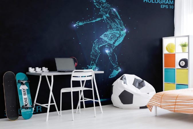 Afbeeldingen van Soccer hologram Holographic projection of football Flickering energy flux of particles Scientific design soccer