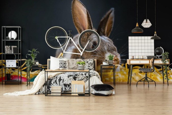 Bild på Easter bunny rabbit on the black background Easter holiday concept Cute rabbit in hay near dyed eggs  Adorable baby rabbit  Spring and Easter decoration Cute fluffy rabbit and painted eggs