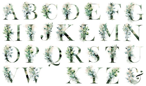 Picture of Floral alphabet letters set with watercolor leaf Monogram initials perfectly for wedding invitations greeting card logo poster and other design Holiday design hand painting