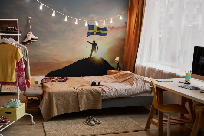 Picture of Sweden flag being waved at the top of a mountain summit 3D Rendering