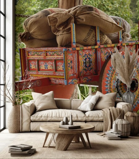 Image de Costa Rican Ox Cart loaded with coffee bags