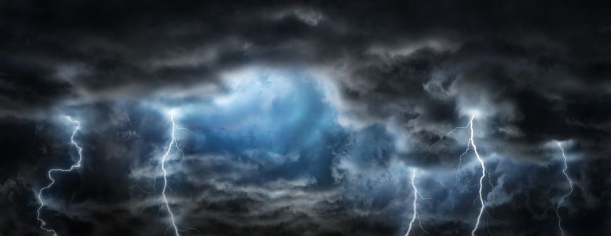 Picture of Sun rays clouds and sparkling lightning in the dark sky Thunderous dark sky with black clouds Concept on the theme of weather natural disasters storm  thunderstorms lightning
