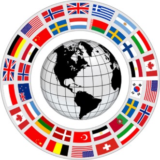 Image de Earth globe 3D icon with a ring of flags around as international cooperation vector symbol