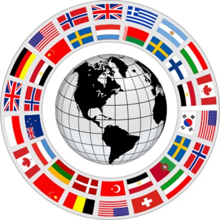 Picture of Earth globe 3D icon with a ring of flags around as international cooperation vector symbol