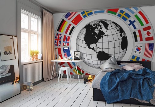 Bild på Earth globe 3D icon with a ring of flags around as international cooperation vector symbol