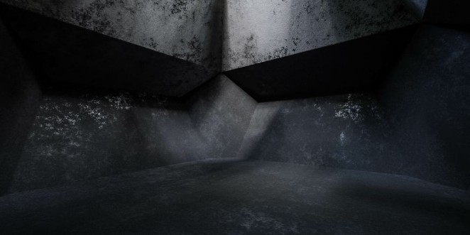 Afbeeldingen van Dark grunge industrial basement with soft beams of light 3d render illustration