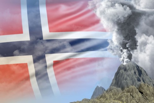 Afbeeldingen van Stratovolcano eruption at day time with white smoke on Norway flag background suffer from eruption and volcanic earthquake concept - 3D illustration of nature