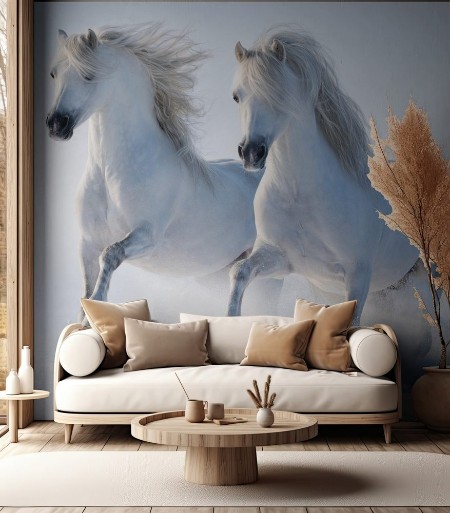 Afbeeldingen van Two galloping snow-white horses