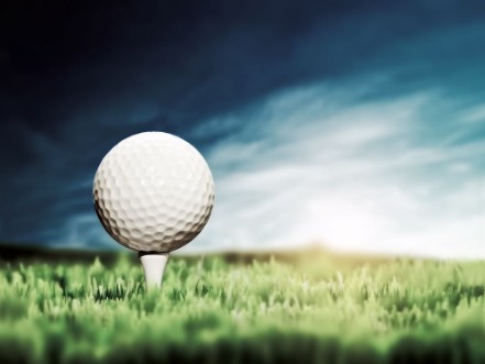 Afbeeldingen van Golf ball placed on white golf tee on green grass golf course