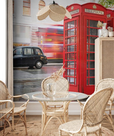 Picture of Red Phone cabines in London and vintage taxiRainy day