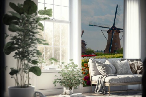 Picture of Two dutch windmills over  tulips field