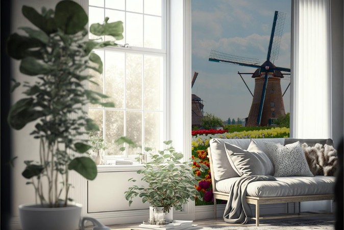 Image de Two dutch windmills over tulips field