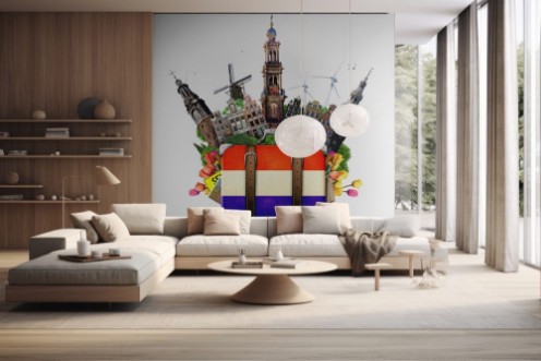 Picture of Holland Amsterdam landmarks travel and retro suitcase