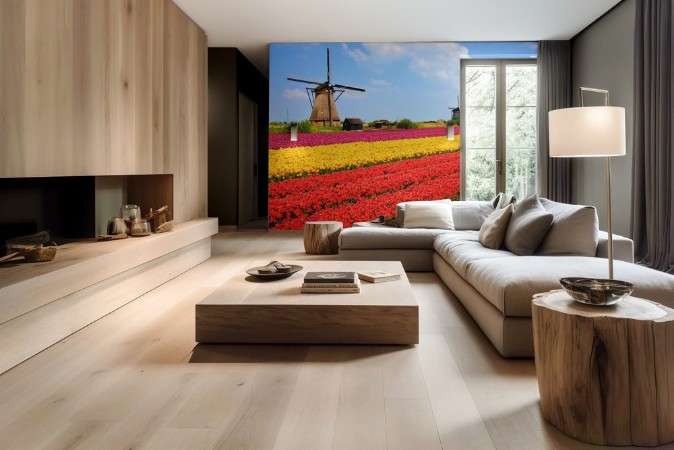 Afbeeldingen van Vibrant tulips fields with windmills Netherlands