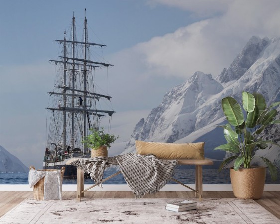 Picture of Tourist ship sailing summer day on a background of mountain peak