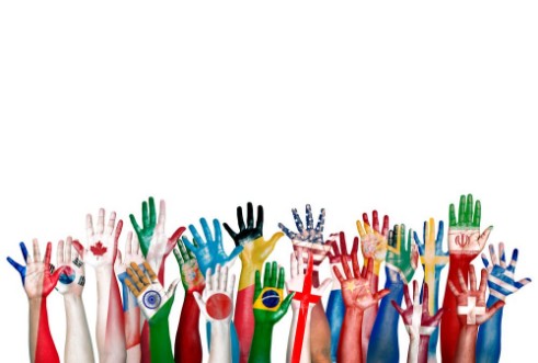 Afbeeldingen van Group of Diverse Flag Painted Hands Raised