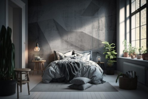 Image de Abstract concrete 3d interior with polygonal pattern on the wall