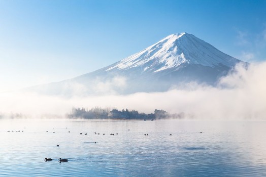 Bild på Mountain Fuji and Kawaguchiko lake with morning mist in autumn s