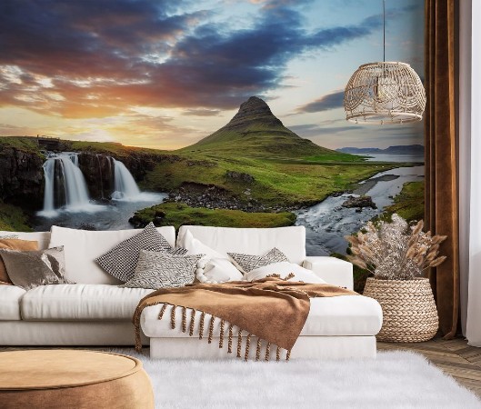 Picture of Iceland landscape with volcano and waterfall