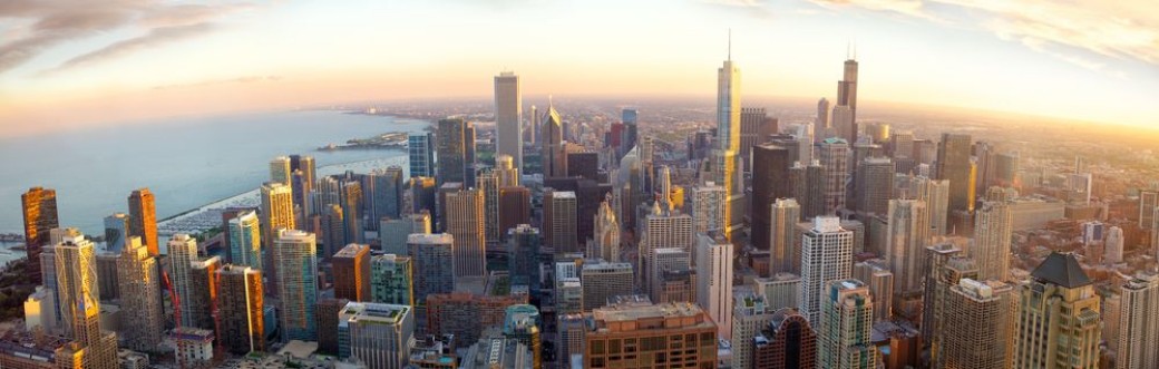 Afbeeldingen van Aerial Chicago panorama at sunset IL USA