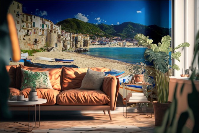 Picture of Old beach in Cefalu with fishing boats