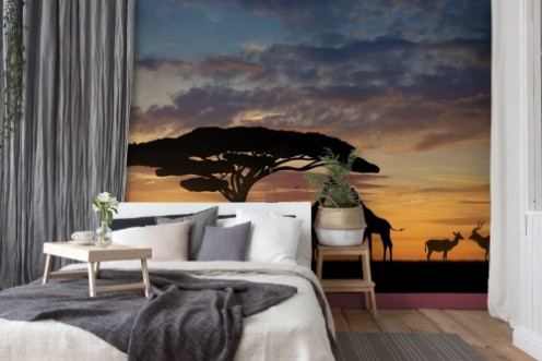 Afbeeldingen van Giraffes with Kudu at sunset