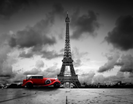 Picture of Effel Tower Paris France and retro red car Black and white