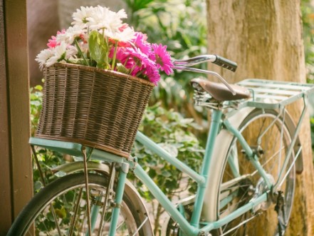 Bild på Vintage bicycle with flowers in front basket