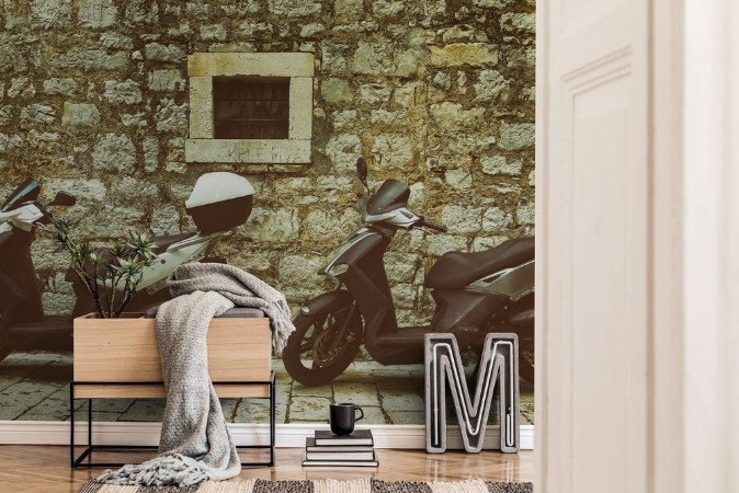 Afbeeldingen van Two Mopeds in front of the Wall