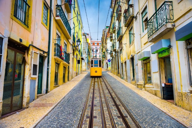 Picture of City streetwith yellow funicular Lisbon Portugal