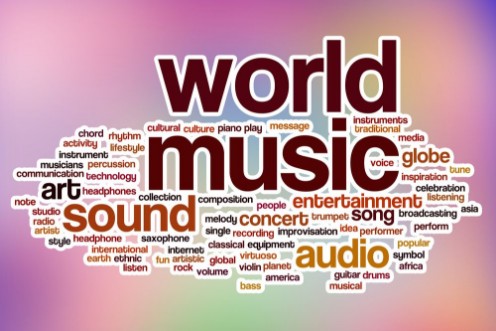 Afbeeldingen van World music word cloud with abstract background