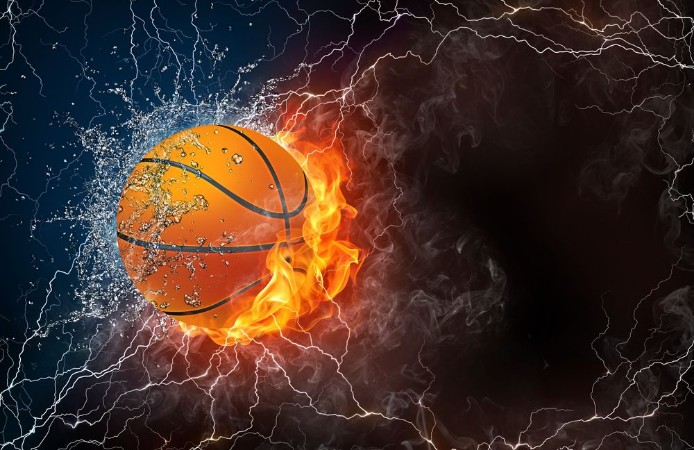 Basketball ball in fire and water photowallpaper Scandiwall