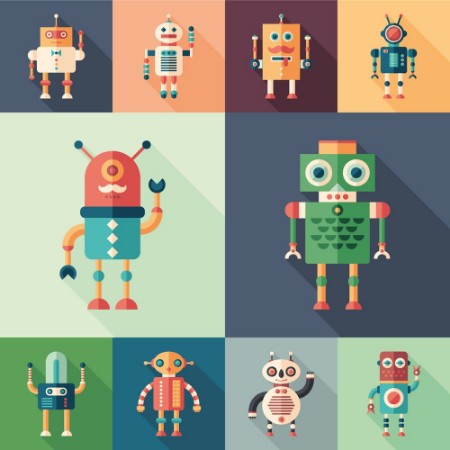 Picture of Set of colorful robots flat square icons with long shadows