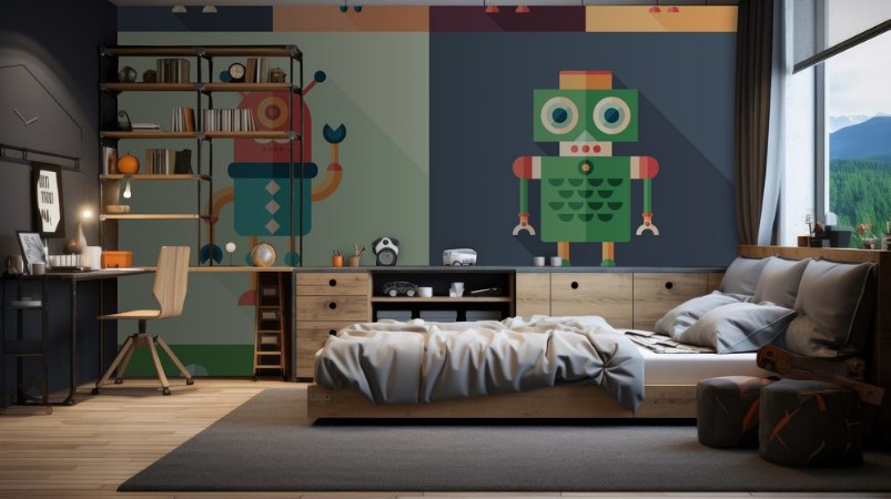 Picture of Set of colorful robots flat square icons with long shadows