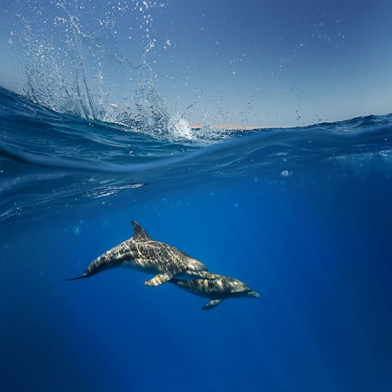 Afbeeldingen van Half water split A pair of dolphins playing under water line with splashes