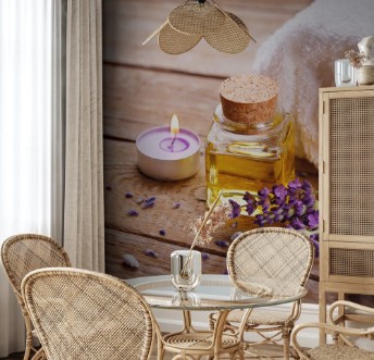 Image de Spa still life with lavender oil white towel and perfumed candle on natural wood