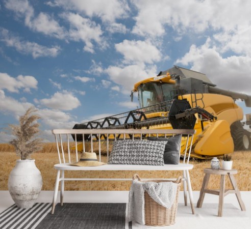 Picture of Close view of modern combine harvester in action
