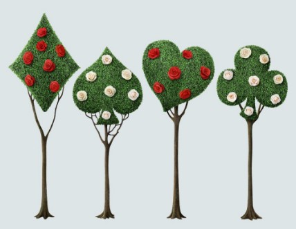 Afbeeldingen van Set of four bizarre trees with card suits and roses 