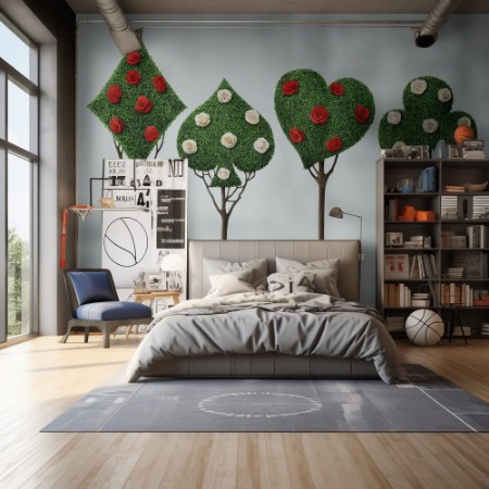 Picture of Set of four bizarre trees with card suits and roses 